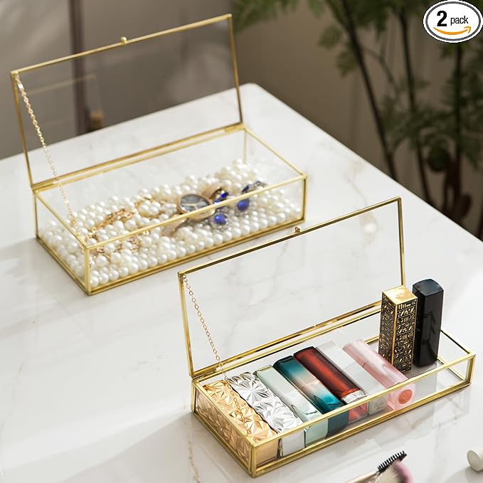 Glass Vintage Jewelry Box Set, 2pcs Rectangle Jewelry Display Lipstick Organizer Box Vanity Lidded Box Home Decor Accent Decorative Box for Storage Trinket Rings Bracelet by Giadun