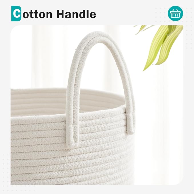 Cotton Rope Laundry Hamper by YOUDENOVA, 58L - Woven Collapsible Laundry Basket - Clothes Storage Basket for Blankets, Laundry Room Organizing, Bedroom Storage, Clothes Hamper – White - Image 3