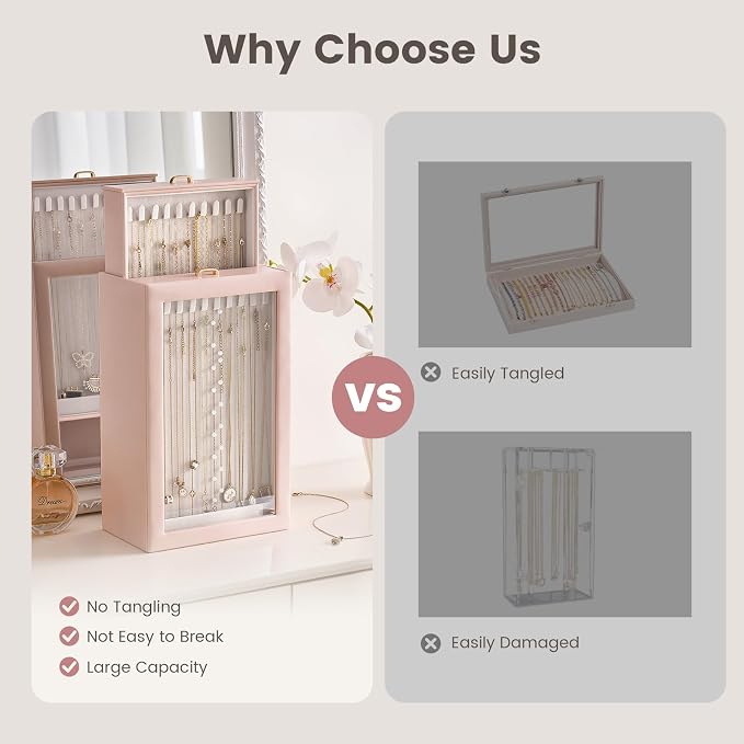 Lolalet Upgraded Double-Sided Hanging Necklace Organizer Box, Jewelry Display Case with Double-Sided Clear Window for Necklaces Bracelets, Tangle-Free Necklace Storage Box, Mothers Day Gift - Image 6