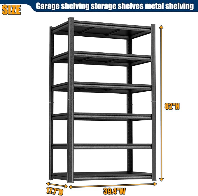 82"H-40"W Garage Shelving Unit 3000LBS Storage Shelves heavy duty 5 tier meta1 shelf adjustable storage rack for Basement, Warehouse, Pantry, Closet, Kitchen 82" H x 39.4" W x 17.7" D, Black - Image 2