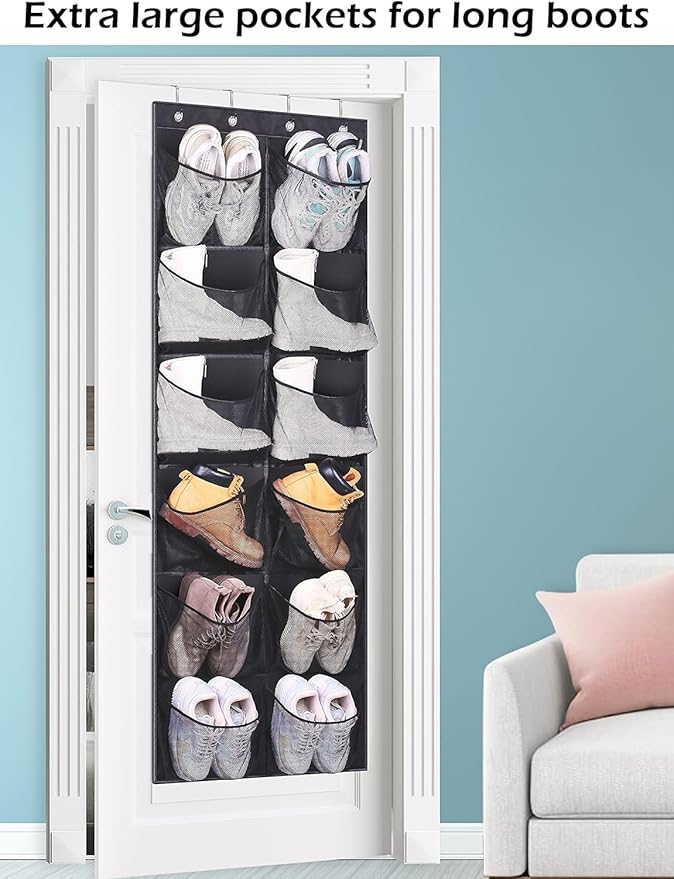 KIMBORA Boots Hanging Shoe Organizer for Closet 12 Extra Large Mesh Pockets Over The Door Shoe Rack for Men Shoes Size 16, Black - Image 2
