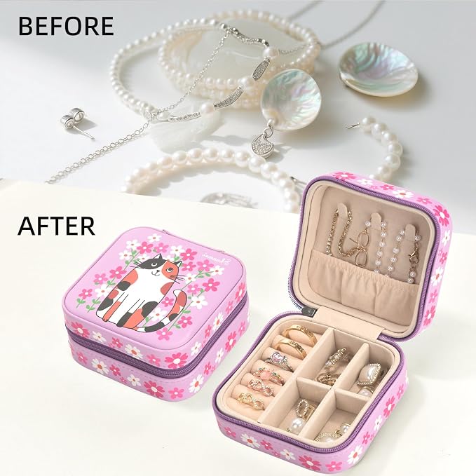 shunmei Mini Travel Jewelry Box,PU Leather Portable Jewelry Organizer Case,Art Accessories Storage Holder Boxes for Earring, Necklace, Rings, Bracelets (Pink Cat) - Image 7