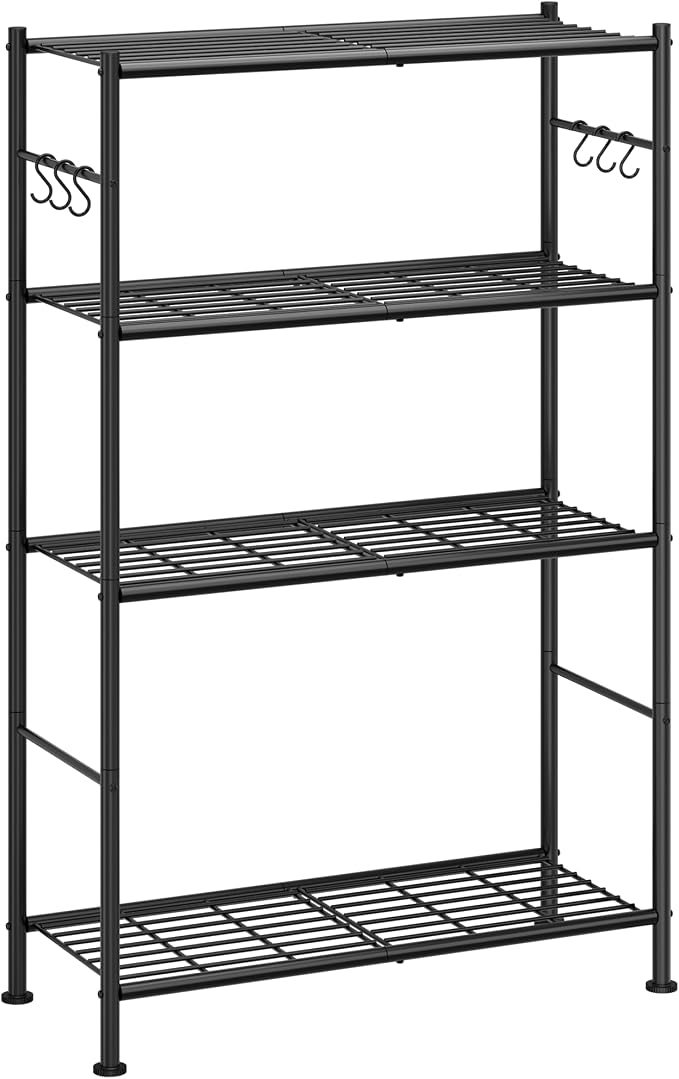 Sakugi Storage Shelves - 4-Tier Spacious Shelf Organizer with Hooks & Leveling Feet, Easy to Assemble, Rust-Resistant Garage Shelving for Kitchen, Pantry, Bedroom, 33.2" x 12.7" x 57.3", Black by Sakugi