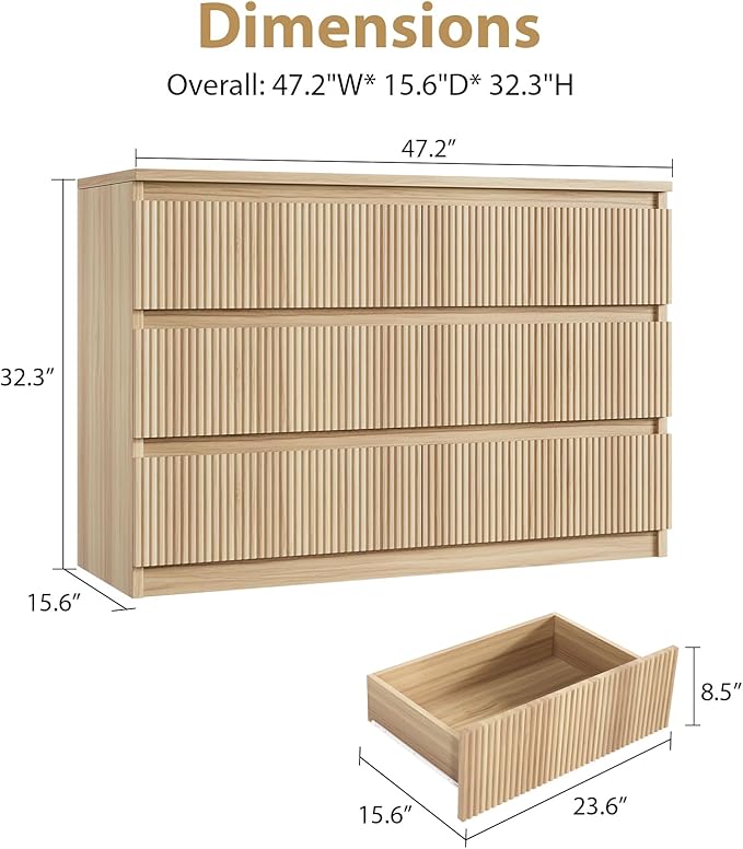 Jocoevol Oak 6 Drawer Dresser for Bedroom, Modern Fluted Dresser, Bedroom Dressers with Drawers, Large Double Wooden Chest of Drawers for Living Room, Hallway