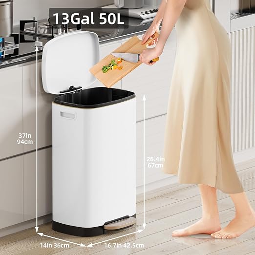 KUK 13 Gallon Kitchen Trash Can with Lid, 50L/13Gal Office Step Garbage Can for Home, Kitchen, Laundry Room, Office, Brushed Stainless Steel, White - Image 2