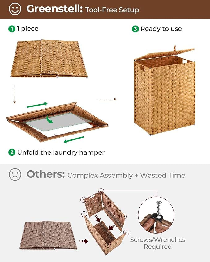 Greenstell Laundry Hamper No Install Needed, Divided Clothes Hamper with 2 Removable Liner Bags, 90L Handwoven Synthetic Rattan Laundry Basket with Lid and Handles, Foldable Natural - Image 5