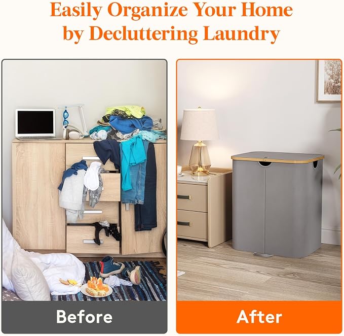 Lifewit 120L Double Laundry Hamper with Lid, Large Laundry Basket with Removable Bag & Bamboo Handles, Fodable Tall Dirty Clothes Hamper for Laundry Collapsible Bin for Bathroom Bedroom, Charcoal Gray - Image 7