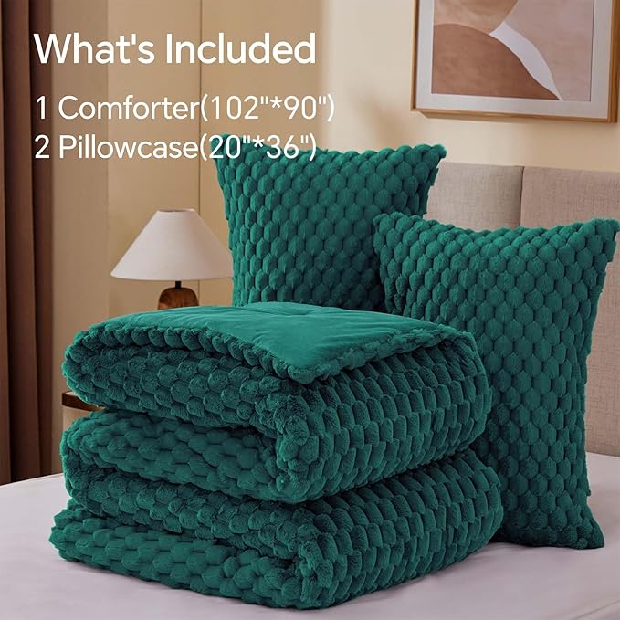 BEDELITE Fluffy King Size Comforter Set - Dark Green Fleece Soft Comforter for King Size Bed, Luxury Warm Bedding Set for Winter, Fuzzy Bed Set 3 Pieces (1 Comforter, 2 Pillowcases)