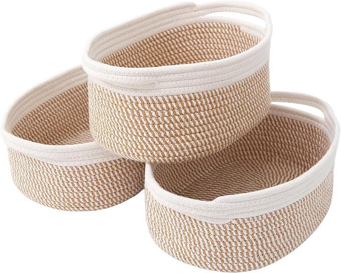 JMvicyroam Woven Basket,Small Rope Storage Bin with Handles & Ribbon Bag, Organizer for Shelves Closets,Gift Basket Empty for Birthday,Books,Dog Toys, White&Brown Block/3 Pack by JMvicyroam