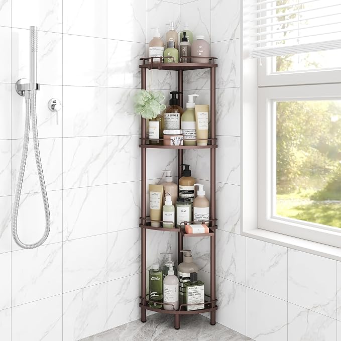 ELYKEN Corner Shower Caddy Standing, 4 Tier Rustproof Metal Shower Organizer with Soap Holder, Floor Shower Corner Shelf Rack Storage Stands with Adjustable Feet & 2 Hooks for Bathroom, Bronze by ELYKEN
