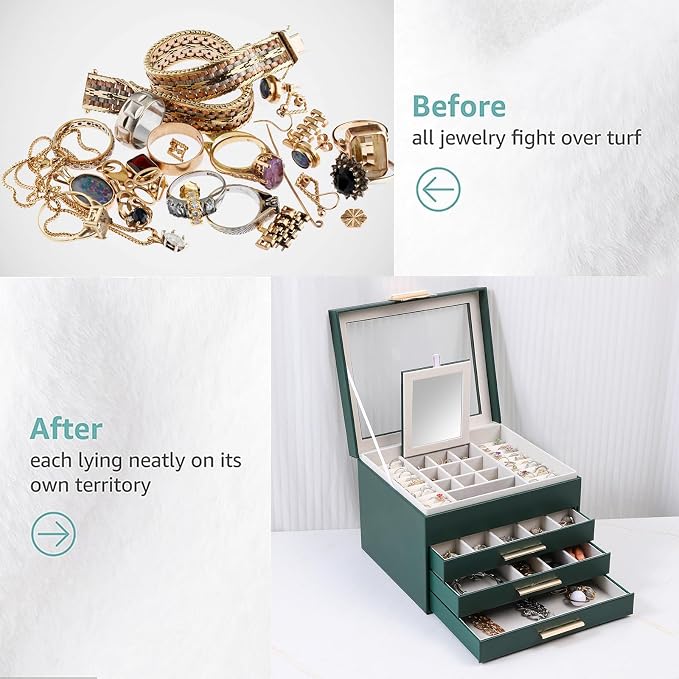BOOVO Clear Lid Jewelry Box,4 Layers Jewelry Organizer Large Jewelry Storage Box with 3 Drawers,Jewelry Holder Organzier of Rings Earrings Necklace Bracelets for Women (Dark Green, 4 Layer) - Image 6