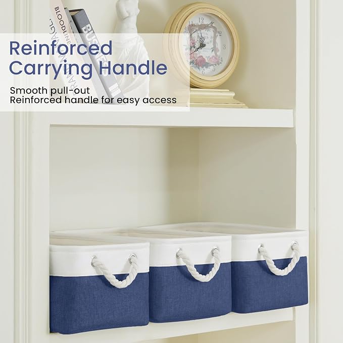 Storage Baskets for Shelves 13.8x9.8x6.7 Inch, Foldable Fabric Storage Bins with Handles, Small Storage Baskets for Organizing Closet, Office, Home Organization (1-Pack, White&Blue) - Image 3
