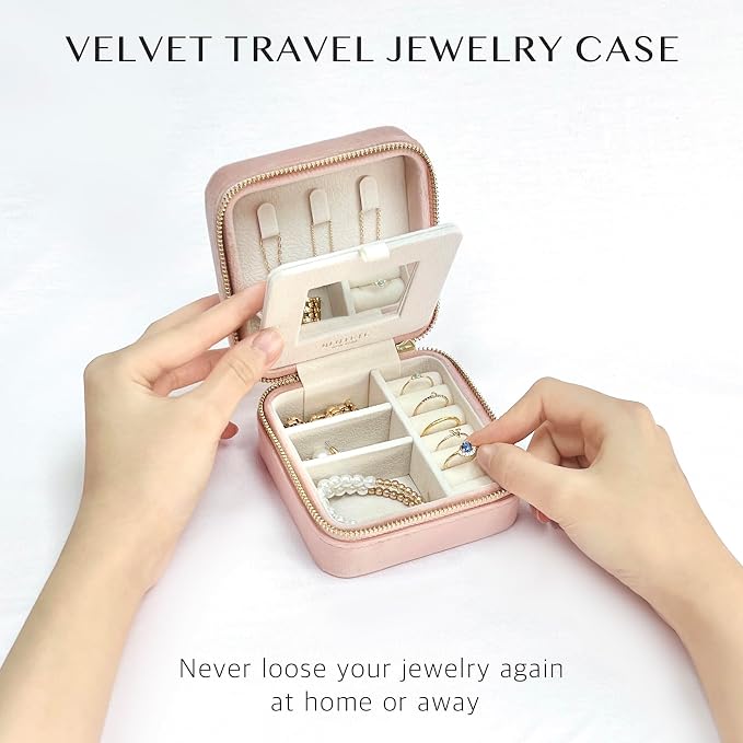 BLUTETE Travel Jewelry Box Organizer Velvet Travel Case With Mirror Ring Earrings Necklaces Storage Organizer Box (Blush) - Image 4