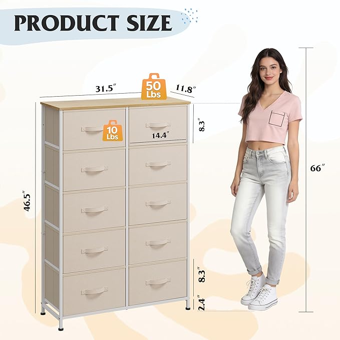 WLIVE Tall Dresser for Bedroom with 10 Drawers, Chest of Drawers, Fabric Dresser for Closet, Hallway, Living Room, Entryway, Cream White