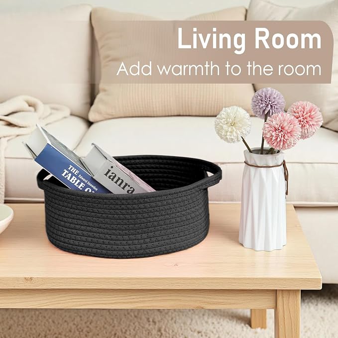 JMvicyroam Woven Basket,Small Rope Storage Bin with Handles & Ribbon Bag, Organizer for Shelves Closets,Gift Basket Empty for Birthday,Books,Dog Toys, Black/2 Pack - Image 7