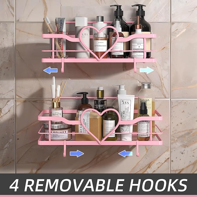Pink Shower Caddy with 4 Removable Hooks, 2 Pack Sweet Heart Shower Shelves,No Drilling Adhesive Organizer Shelf for Bathroom Shower,Kitchen,Bedroom - Image 4