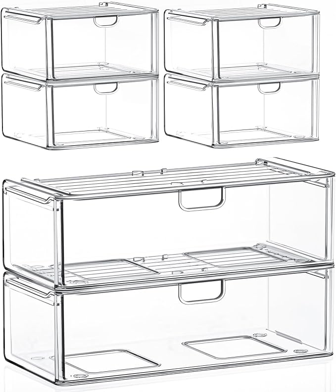 caktraie Acrylic Storage Drawers Set of 6, Clear Makeup Organizer, Plastic Organizer Bins for Beauty Supplies,Ideal for Vanity, Bathroom,Cabinet,Pantry Organization by shoeboxesanddeskorganizers