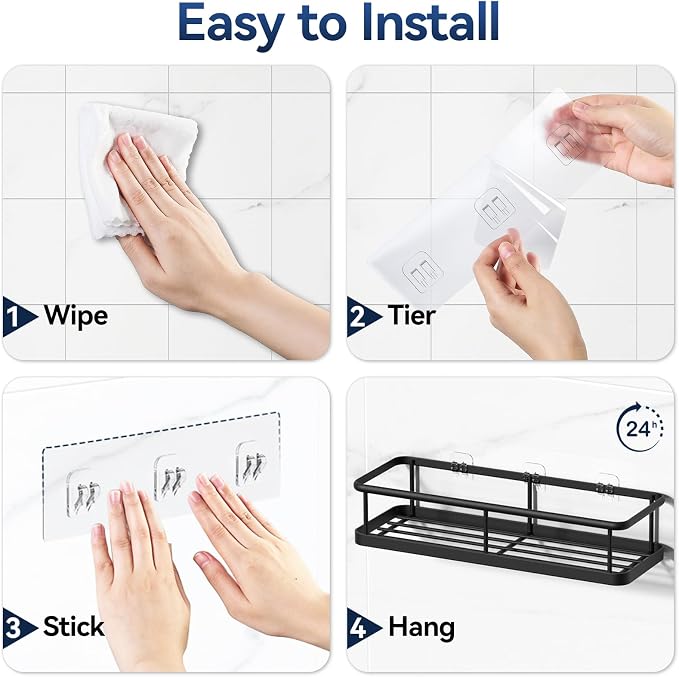 YASONIC Shower Caddy Adhesive, No Drill Bathroom Shower Organizers, with Removable Hooks and Soap Holder, Rust Proof Shower Shelves, Wall-Mounted Shower Holder, 3 Pack, Black - Image 8