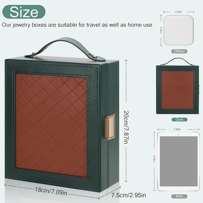 DesignSter Travel Jewelry Case for Woman, Portable Jewelry Travel Box with Mirror, PU Leather Small Jewelry Organizer with Handle for Rings Earrings Bracelets Necklaces(Dark Green & Brown) - Image 3