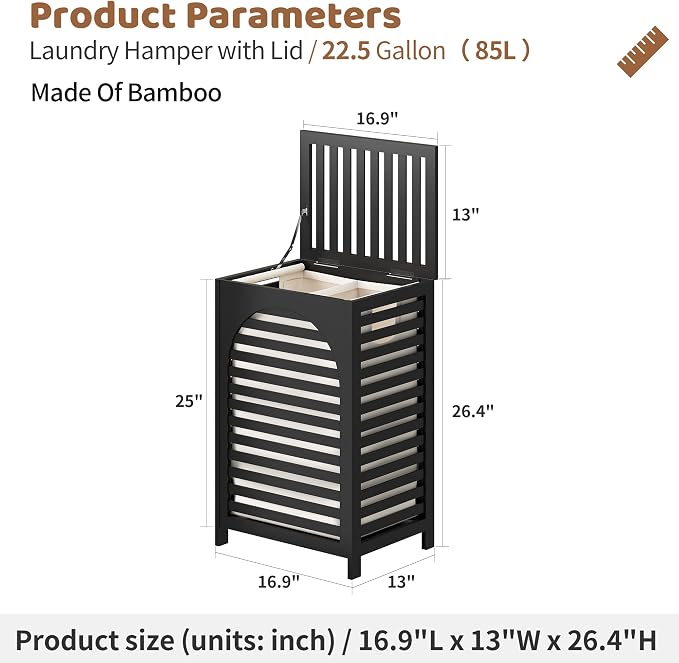 FILWH Laundry Hamper with Lid (16.9 * 13 * 26.5inches) Large Bamboo Laundry Bin Basket 85L Clothes Hamper with 1 Removable Bag Storage baskets for Bathroom(Black) - Image 2