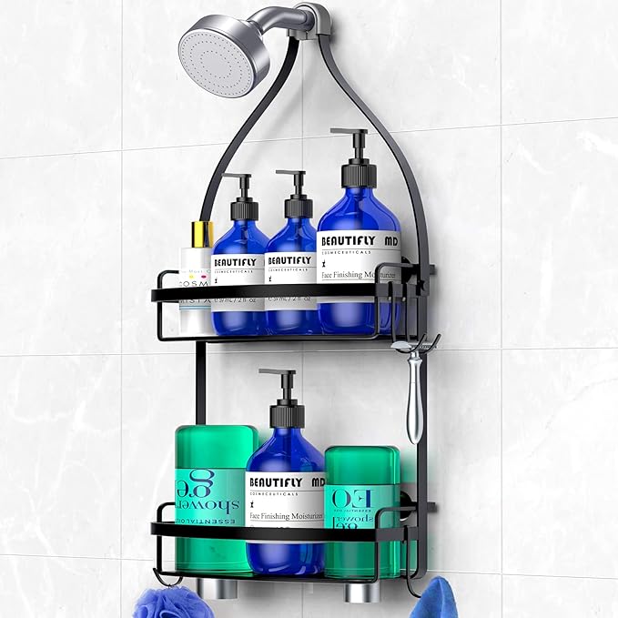 Meangood Shower Caddy Over Shower Head, Black Anti-Swing Hanging Shower Caddy with 4 Remove Hooks for Razor, Sponge, Towels Rustproof Shower Organizer for Bathroom by Meangood