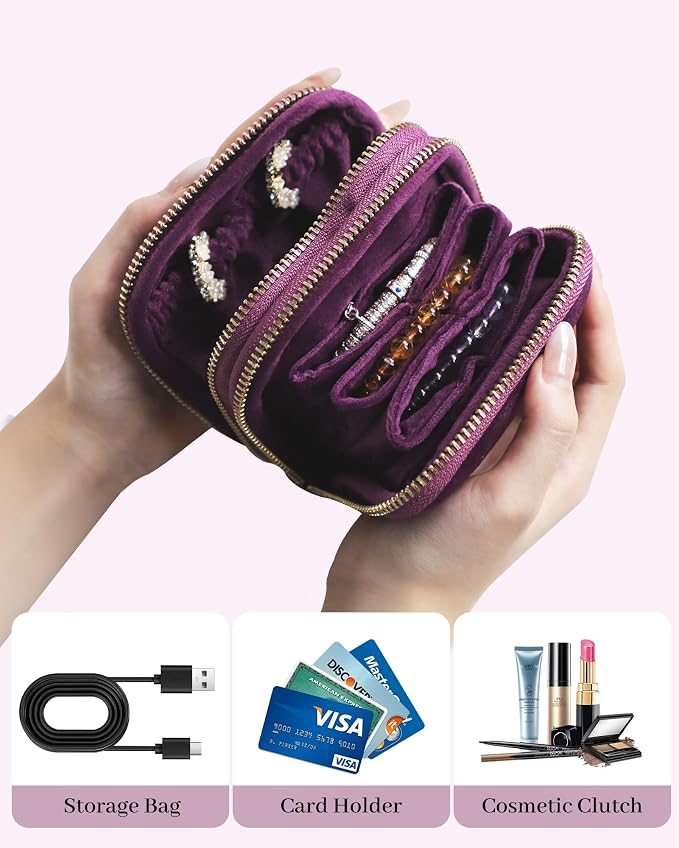 Stratalife 2-Layer Travel Jewelry Case Organizer Compact Storage Bag for Rings Earrings Necklace Bracelet Portable Velvet Jewelry Pouch with Zippers Accessories Travel Essentials Gift for Women Purple - Image 3