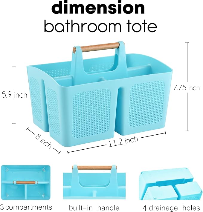 ALINK Portable Shower Caddy Basket with Compartments, Plastic Divided Cleaning Caddy Organizer Storage Tote with Handle for Bathroom, College, Dorm Room Essentials - Blue - Image 2