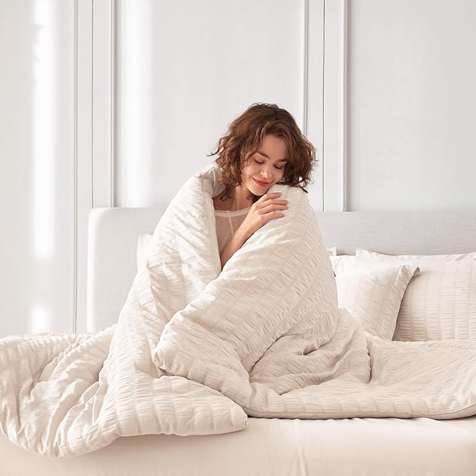 MUXHOMO 5 Pieces Twin XL Comforter Set, Seersucker Bed in a Bag Twin XL Size, All Season Luxury Bedding Set with Comforter, Flat Sheet, Fitted Sheet, Pillowcase & Sham, Beige