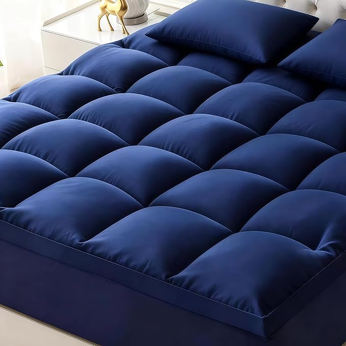Thick Mattress Topper with Deep Pocket, Extra Pillow Top Mattress Pad, Breathable & Cooling Mattress Cover, Fits 8-21 Inch, Soft Support for Back Pain Relief, Mattress Protector (Full, Navy Blue)
