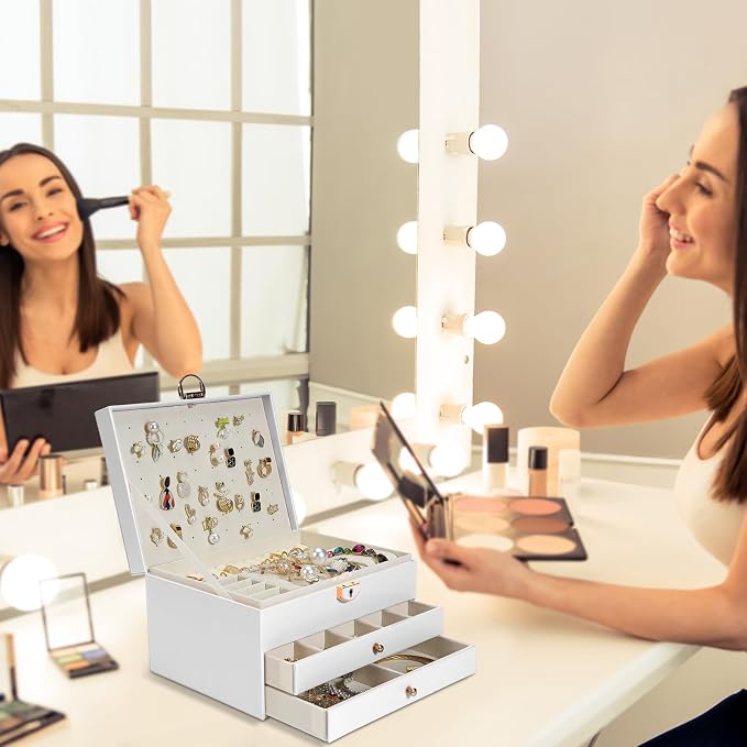Jewelry Box, 3-Layer Jewelry Boxes for Women, Stud Earings Holder Jewelry Organizers and Storage with Removable Jewelry Tray, PU Leather Vintage Quilted Top Lockable Jewelry Holder Gift Idea - Image 6