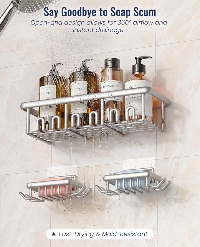 8 Pack Adhesive Rustproof Shower Shelves with Soap Dishes, Toothbrush Holder & Hooks, Large Capacity No-Drilling Shower Shelves Rack for Bathroom Organizers and Storage Accessories, Silver - Image 5