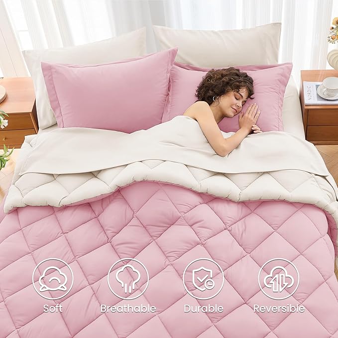 MUXHOMO 7 Pieces Full Comforter Set, Reversible Bed in a Bag Full Size, All Season Bedding Set with Comforter, Flat Sheet, Fitted Sheet, Pillowcases & Shams, Light Pink & Ivory