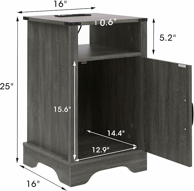 RoyalCraft 25" Tall Farmhouse Nightstand with Charging Station, Grey End Table with Storage, Large Wooden Rustic Bedside Table for Bedroom, Dark Grey