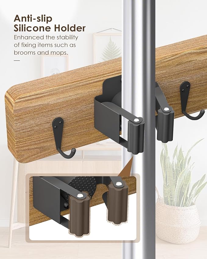 AceMining Broom Holder Wall Mounted, 2 Pack 4 Holders and 4 Hooks Mop Holder, Wooden Mop and Broom Holder with Anti slip rubber, Natural pine wood Brush Holder, Mop Wall Holde with Nail installation - Image 3
