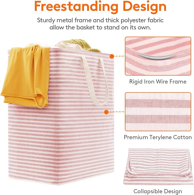 Lifewit 2 Pack Laundry Basket 100L Each, Collapsible Clothes Hamper with Reinforced Handles, Freestanding Waterproof Design for Bedroom and Laundry Room, Pink&Blue 200L Total - Image 2