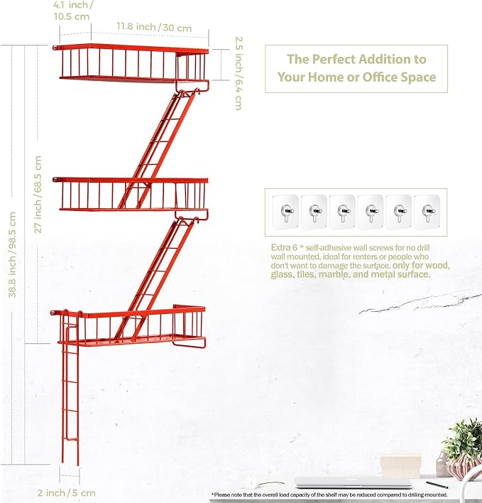 SweetSage Fire Escape Wall Shelf Red - New York Wall Art Decorative Figure Display Floating Shelves Metal Racks for Living Room, Home Office Storage (3-Tier) - Image 2
