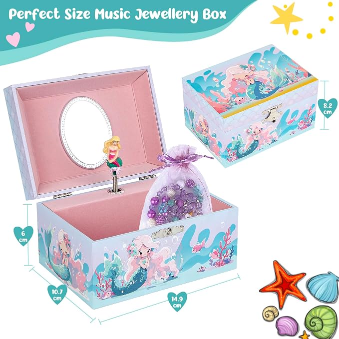 Girls' Musical Jewelry Box Organizer with Jewelry Set - blue ocean mermaid Theme, OVER THE WAVES Tune - Jewelry Storage and jewelry box for girls - Image 2