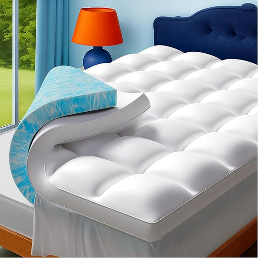 King Size Dual Layer 4 Inch Memory Foam Mattress Topper, 2 Inch Cooling Gel Infused Memory Foam and 2 Inch Airflow Down Alternative Pillow Top, 8-24 Inch Deep Pocket Bed Topper
