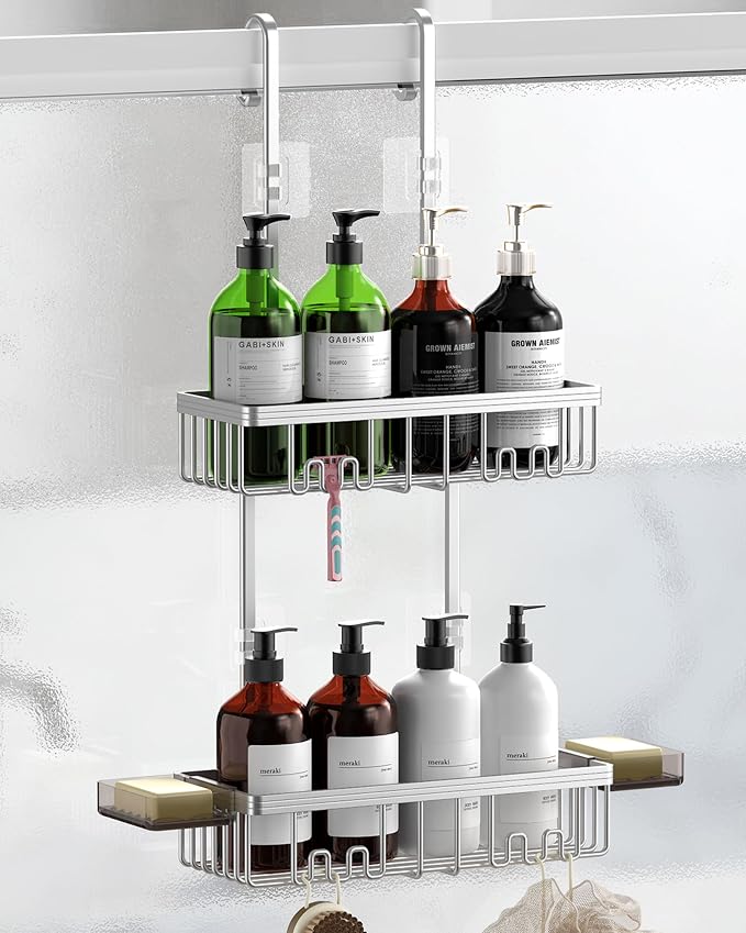 Over the Door Shower Caddy Hanging With Double Soap Holder Never Rust Aluminum Shower Shelf With 4 Hooks Hanging Bathroom Organizer No Drilling Shelves for Bathroom Storage Silver by Unknown