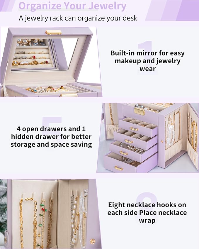 AKOZLIN 5-Tier Jewelry Box Leather Jewelry Storage Organizer with 4 Drawers Lockable for Women Girls Ring Necklace Earring Bracelet Watches Holder with Mirror Purple - Image 5