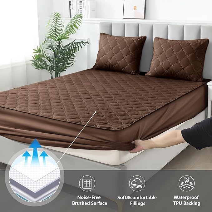 Waterproof Mattress Protector - King Size Mattress Pad Silent & Fitted Sheet Style | Full Bed Protection for Kids, Pets, Adults | Hypoallergenic, Machine Washable (Chocolate, King)