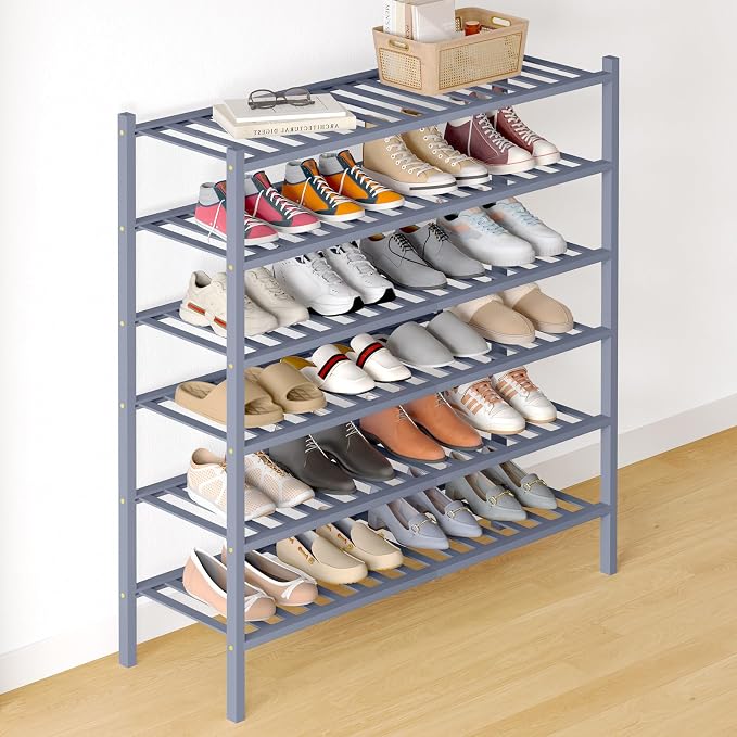 Smiry Bamboo Shoe Rack for Closet, 6 Tier Long Wooden Stackable Shoe Organizer, Free Standing Shoes Storage Shelf for Entryway, Front Door Entrance, Grey by Smiry