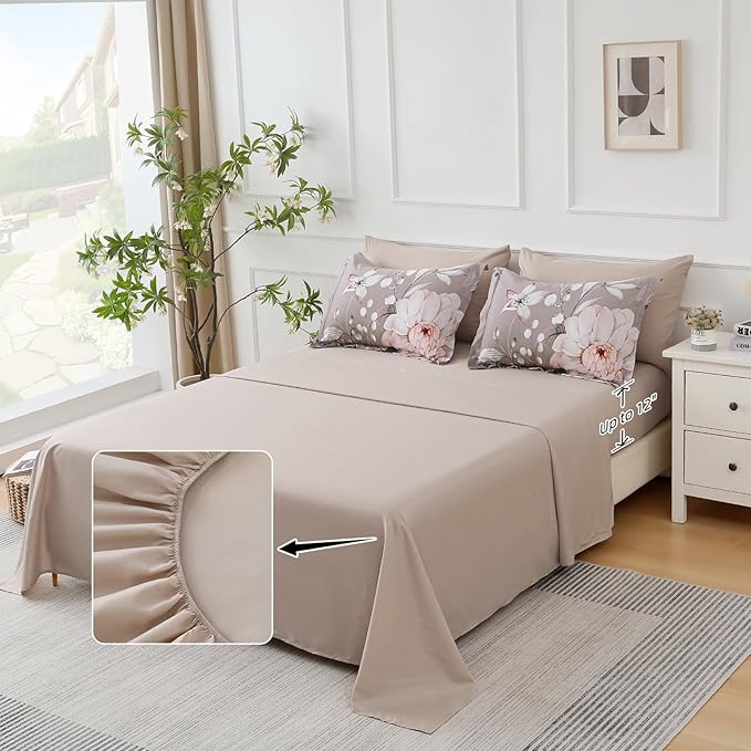 Drucon Brown Comforter Set King Size - 7 Pieces Floral Bedding Sets, Soft Botanical Flowers Comforter Bed in a Bag with Sheets, Pillowcases & Shams