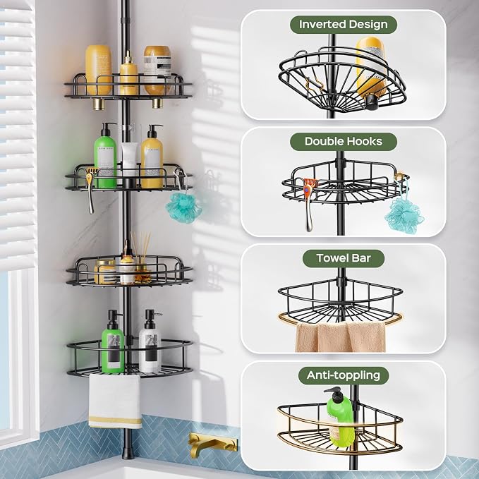 HAMITOR Shower Caddy Tension Pole: 4-Tier Rustproof Bathroom Corner Shelf Organizer for Renters - No Drill Large Shampoo Storage Rack - Adjustable 47-121 Inch - Space Saving Bathtub Accessory - Black - Image 5