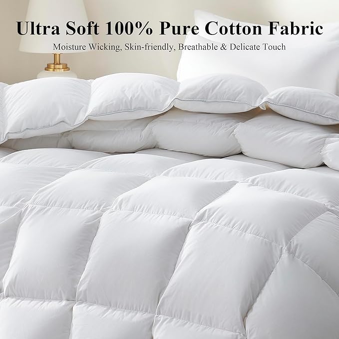 Ubauba Goose Feather Down Fiber Comforter King Size - All Season White Fluffy Duvet Insert - 750+ Fill Power Luxurious Hotel Bedding Comforter - Soft 100% Cotton Cover, Medium Warmth (106x90 Inch)