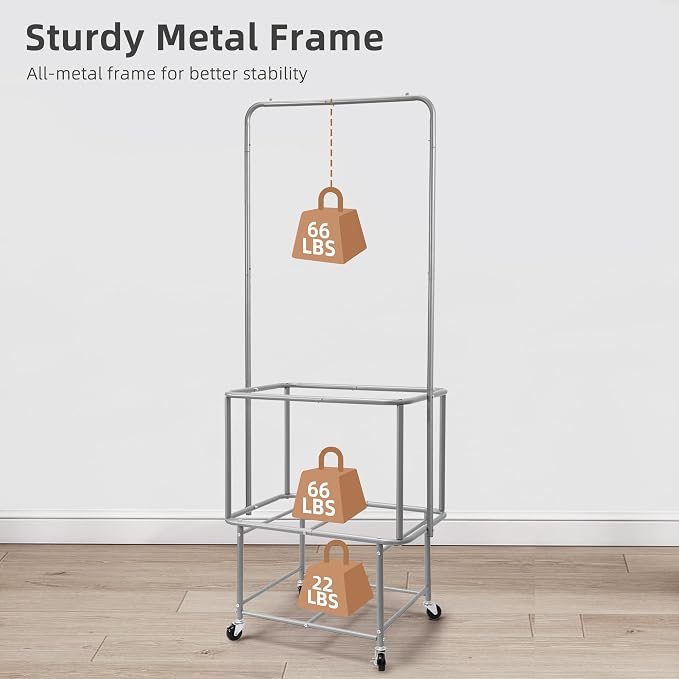 STORAGE MANIAC Rolling Laundry Cart with Hanging Bar & Storage Shelf, 110L Heavy Duty Large Laundry Basket with Clothes Hanging Rod, Study Clothes Hamper with Lockable Wheels, Beige - Image 3