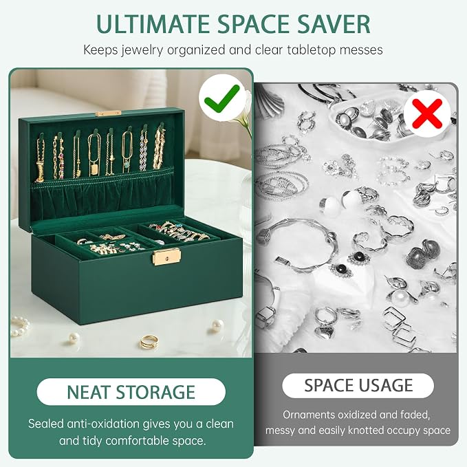 AKOZLIN Travel Jewelry Box Organizer Functional 2-trays Leather Jewelry Storage Case with Lockable Portable for Women Girls Ring Necklace Earring Bracelet - Image 8