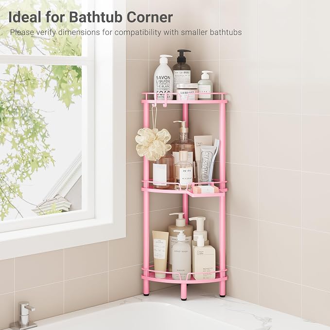 ELYKEN Corner Shower Caddy Standing, 3 Tier Rustproof Metal Shower Organizer with Soap Holder, Floor Shower Corner Shelf Rack Storage Stands with Adjustable Feet & 2 Hooks for Bathroom, Pink - Image 8