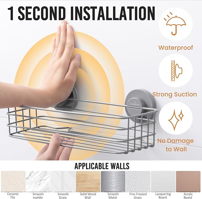 LEVERLOC Shower Caddy Suction Cup, 2 Pack Shelves for Inside with Hooks and Soap Organizer, NO-Drilling Bathroom Shelves, Rustproof Meatl Bathroom Holder, Grey - Image 2