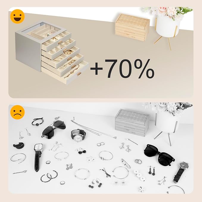 Jewelry Box with Glass Lid, 5-Layer Jewelry Organizer for Women Girls, PU Leather Display Case with 20-Grid Earring Tray & Movable Dividers for Necklaces Rings,Grey - Image 8